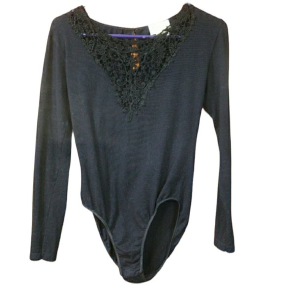 Victoria’s Secret Vintage 90s Black Bodysuit Gold Label Lace V-Neck Medium